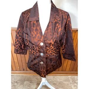 Womens Farinaz Taghavi Bronze Orange Animal Print 3/4 Sleeve‎ Button Blazer 12